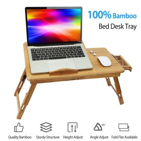 Bamboo Laptop Desk Breakfast Serving Bed Tray Foldable Leg Multi-Position Adjustable Tilt Surface Bed Lap Tray with Side Storage Drawer for Work