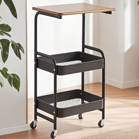 Rolling cart storage rack with wooden desktop, 3-layer metal multi-function cart, 3-layer printer stand with wheels