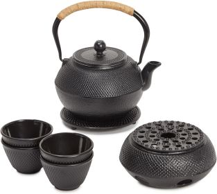Tea Kettle Stovetop Japanese Cast Iron Tetsubin - 40 oz, Black - Cast Iron Tea Set & Teapot with Loose Leaf Infuser, Warmer & 4 Cups, Trivet