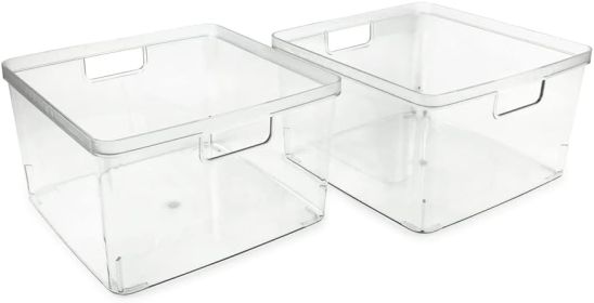 2-Pack Square Clear Storage Bins (10' L x 10' W x 6.1' H) w/Cutout Handles, Plastic Organizer for Home, Office, Kitchen, Fridge/Freezer, Bathroom