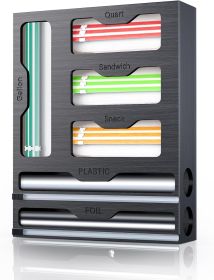 Bag Organizer & Plastic Wrap Dispenser with Cutter, 6 In 1 Bamboo Foil & Plastic Wrap Organizer for Kitchen, Food Storage Bag Organizer