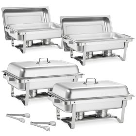 Rectangle Chafing Dish, 9 Qt 4 Pack Stainless Steel Chafing Dish, Food Warmer Chafer Complete Set with Hollow Handle, 2 Food Tongs, Lid, Fuel Hol