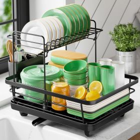 Dish Drying Rack for Kitchen Counter, Stainless Steel Sink Organization and Storage Essentials with Cutlery Holder, Home and Appartment Decor (size: Black  12''W x 15.5''L - 2 Tiers)