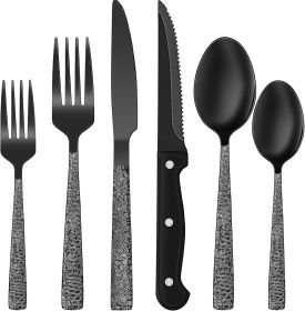 24-Piece Black Silverware Set with Steak Knives, Black Flatware Set for 4, Food-Grade Stainless Steel Tableware Cutlery Set (Material: Stainless Steel)